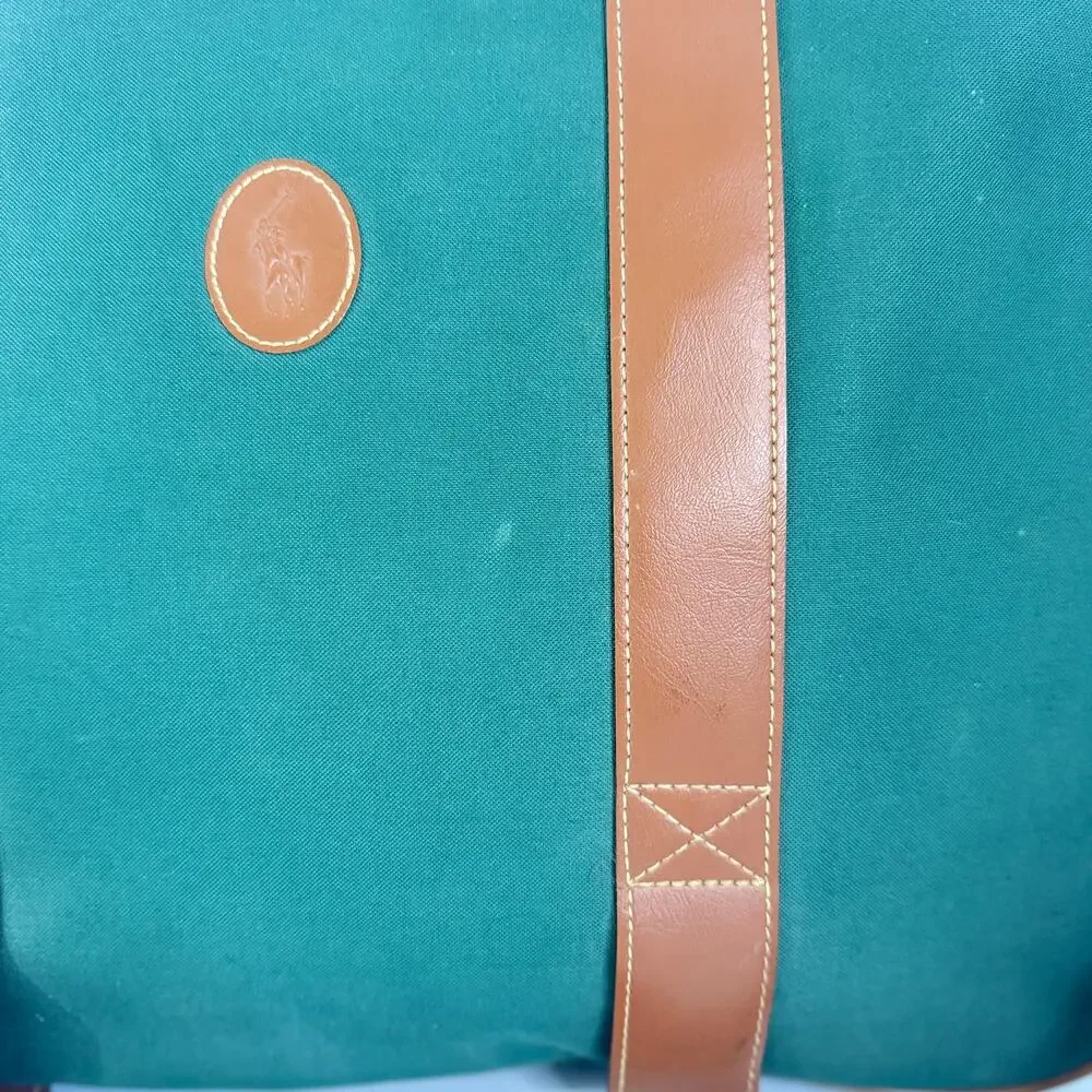 Vintage 90s Polo Ralph‎ Lauren Green Canvas Leather Messenger Travel Bag